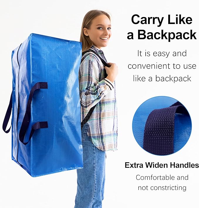 12 Pack Heavy Duty Extra Large Moving Bags W/Backpack Straps - Strong Handles & Zippers, Storage Totes For Space Saving, Fold Flat, Alternative to Moving Box and Storage Bin, Multicolor