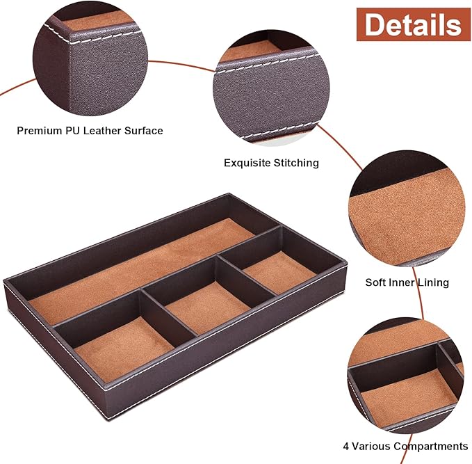 GORESE Faux Leather Valet Tray for Men, Stackable Jewelry Organizer for Drawers Inserts, Nightstand Caddy Tray for Key, Wallet, Sunglass, Watch, Coin, Phone, Bedside Desktop Storage Brown-NeatNest