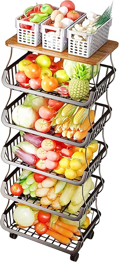 MURRI&MURRDI Fruit Vegetable Storage Basket with Wooden Lid, 6 Tier Stackable Wire Storage Baskets with Wheels Produce Basket Organizer for Kitchen Rack Storage Cart for Pantry (6 Black 6 Layer)