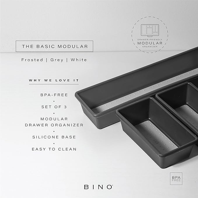 BINO | 3-Piece Drawer Organizer Bin Set, Small - Grey | THE MODULAR | Multi-Purpose Storage | Soft-Grip Lining and Non-Slip Rubber Feet | Durable | BPA-Free | Desk Drawer Organizer | Vanity Organizer-NeatNest