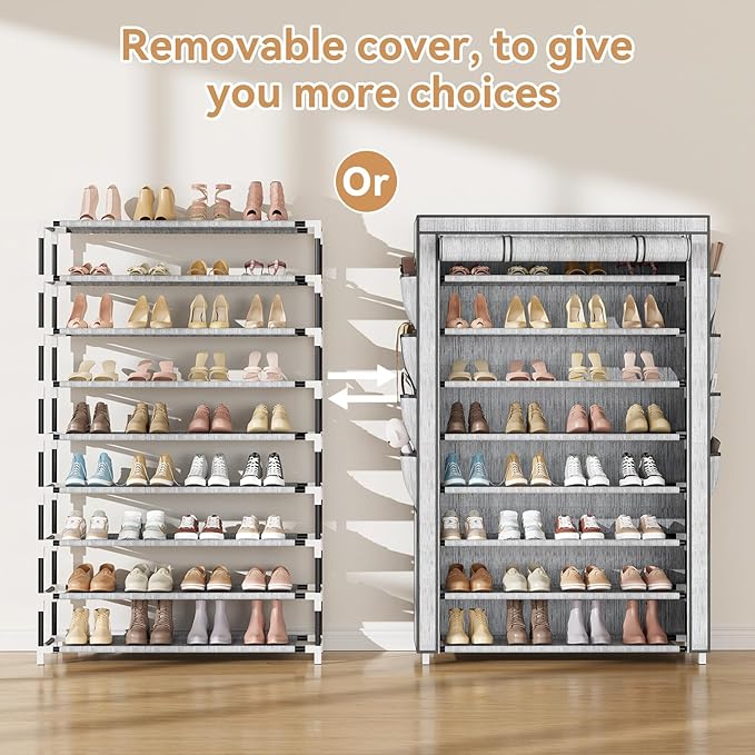Shoe Rack with Cover, 8 Tier Tall Shoe Organizer Storage for 36-45 Pair Shoes and Boots Large Shoe Storage Shelf Free Standing Shoe Rack for Closet, Front Door Entrance, Dorm, Garage, Printing-NeatNest
