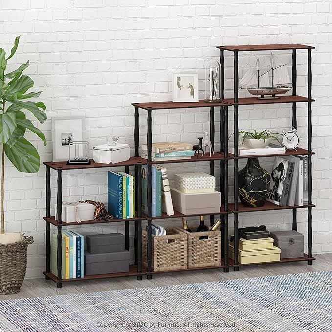 Furinno Turn-N-Tube 3-Tier Compact Multipurpose Shelf Display Rack with Classic Tube, Dark Cherry/Black-NeatNest