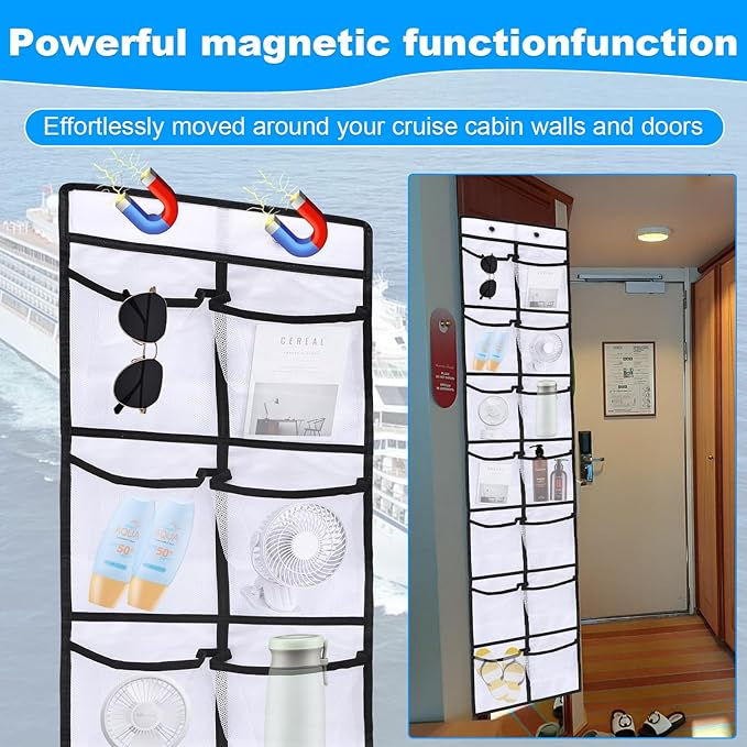 Over The Door Organizer For Cruise Ships|Magnetic Door Organizers with 14-Pocket for Cruise Ship|61"x11"|Cruise Over the Door Organizer,Magnetic Shoe Rack for Cruise,Behind-Door Storage-NeatNest
