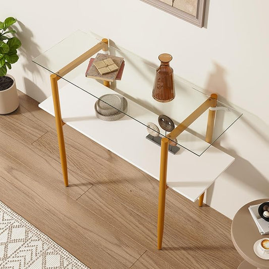 Glass Sofa Table, Mid-Century Modern Entryway Table with Tempered Glass & Golden Legs, 2-Tier Behind Couch Table for Living Room Hallway Entrance, White-NeatNest