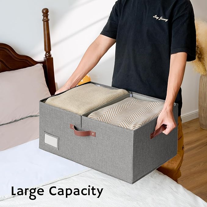 GRANNY SAYS Large Storage Bins With Lids, Decorative Boxes, Fabric Containers With Double-Open Lid and Divider, Collapsible Clothes Organizers, 63L Linen for Closet, Dark Gray-NeatNest