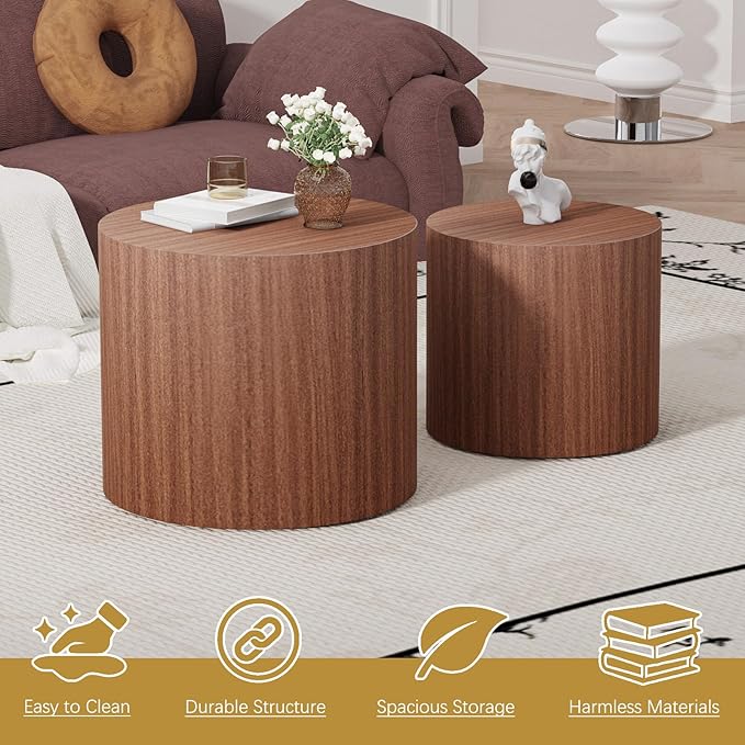 Round Coffee Table Set of 2 Modern Nesting Coffee Tables Wooden Drum Coffee Tables with Non-Slip Feet, Circle Nesting Tables End Table for Living Room Office, No Assembly (Dark Wood 18.11"+14.57")