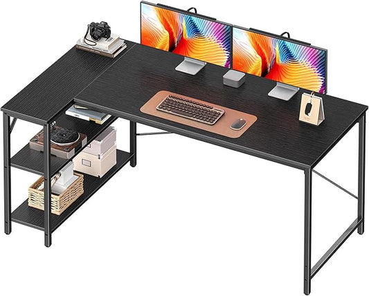 Huuger L Shaped Desk, 55 Inches Computer Desk with Reversible Storage Shelves, for Gaming Corner Home Office Writing Study, Metal Frame, Black-NeatNest
