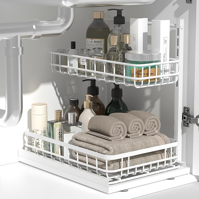 Under Sink Organizer, Adjustable Height Pull-Out Kitchen Storage Organization,15.8" x 11.8" x 16.5",2-Tier Kitchen Shelf,Bathroom Drawer Organizer, White-NeatNest