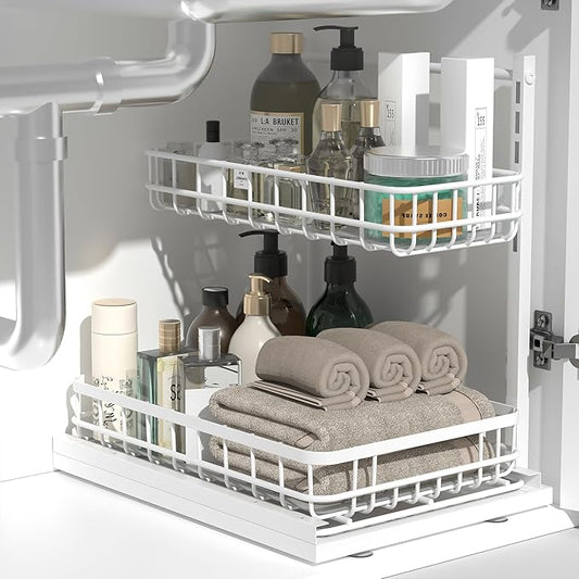 Under Sink Organizer, Adjustable Height Pull-Out Kitchen Storage Organization,15.8" x 11.8" x 16.5",2-Tier Kitchen Shelf,Bathroom Drawer Organizer, White-NeatNest