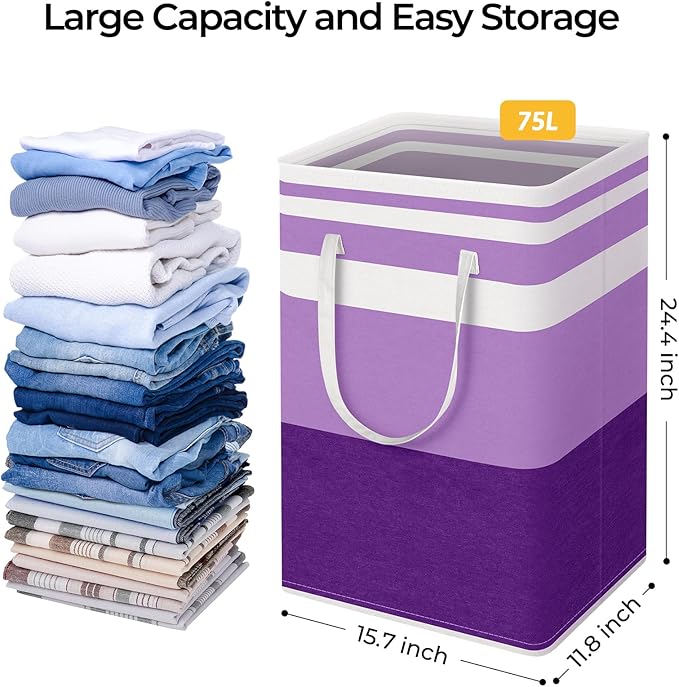 HomeHacks 2 Pack Large Laundry Baskets, Waterproof, Freestanding Laundry Hampers, Collapsible Clothes Hamper with Reinforced Handles in Laundry, College Dorm, Bathroom, Bedroom (Purple, 75Lx2)-NeatNest