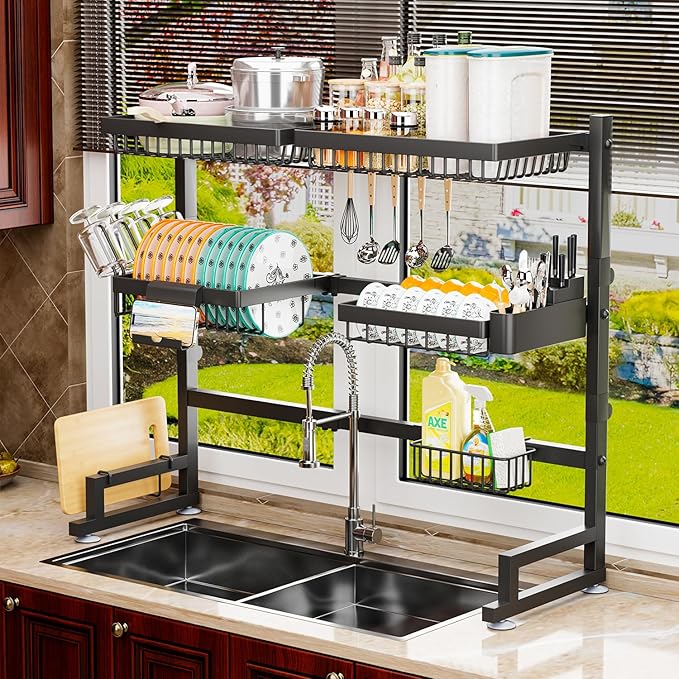 3-Tier Over Sink Dish Draining Rack, Adjustable Width and Height, with Phone Holder, Cup Holder, Knife and Chopstick Holder, Cutting Board Rack, Space-Saving Rack