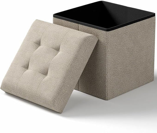 Folding Storage Ottoman Bench, Multi-Functional Ottoman Footrest, End of Bed Bench, Storage Chest for Living Room, Bedroom, Hallway, Entryway, Holds Up to 700 lbs (Beige, 15 Inches)