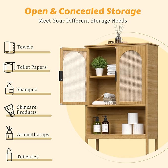 BlueWish Bathroom Organizers and Storage, Bamboo Over The Toilet Storage Cabinet with Inverted U-Shaped Door & Anti-Tip Device, Space Saver, Natural-NeatNest