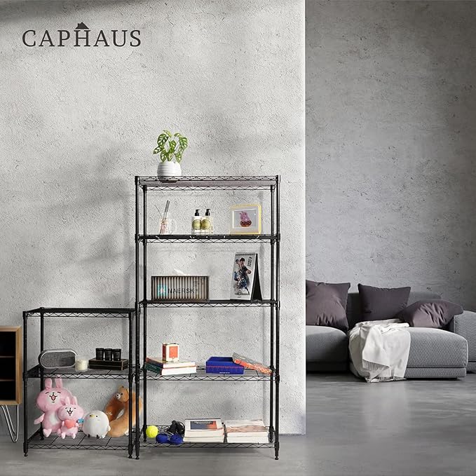 CAPHAUS 3/4/5-Tier Adjustable Height Wire Shelving Unit, Wire Rack Shelving, Metal Steel Storage Shelves, Garage Shelving Storage Organizer, Utility Storage Shelf, 5-Tier With Wheels, Black-NeatNest
