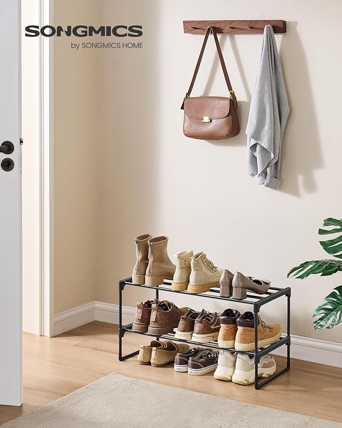 SONGMICS Shoe Rack, 2-Tier Shoe Organizer, Metal Storage Shelf, Upright or Upside Down, for 6-9 Pairs, Stackable, for Entryway, 11.8 x 26.8 x 13.2 Inches, Black ULSA202B01-NeatNest