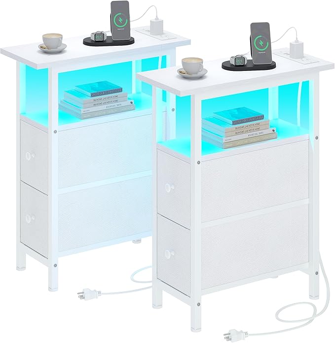 End Table Set 2 with Charging Station, Narrow Side Table with 2 Fabric Drawers, Skinny Nightstand with LED Light, Slim Bedside Table for Bedroom, Living Room, Small Spaces, White