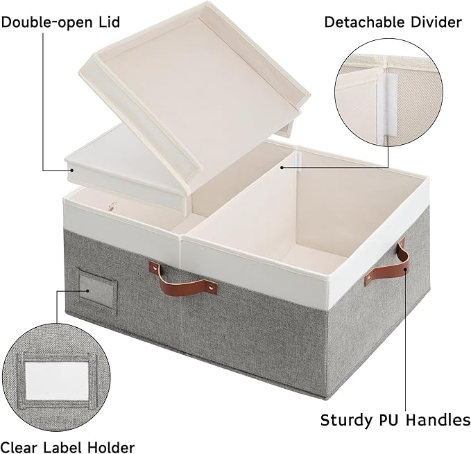 GRANNY SAYS Decorative Storage Boxes with Lid, Large Storage Bins with Double-Open Lid and Divider, Fabric Storage Bins for Clothes, Linen Storage Bins, 63L Closet Storage Bins, White&Gray-NeatNest