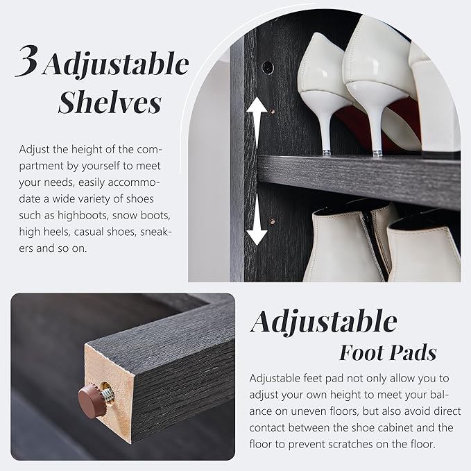 71" Tall Arched Shoe Storage Cabinet, 7 Tiers 28 Pairs Wooden Shoe Rack with 3 Adjustable Shelves, Freestanding Shoe Closet Shelf Organizer for Entryway, Hallway, Living Room (Dark Grey)-NeatNest