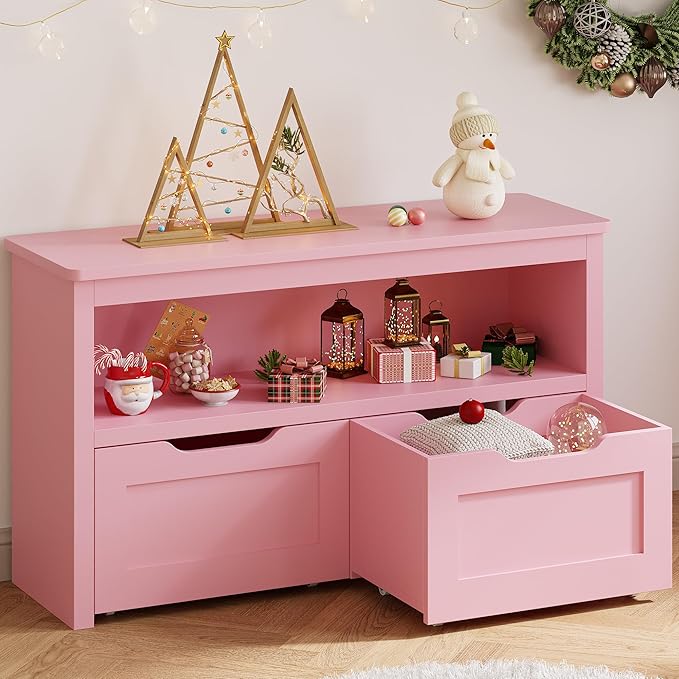 IRONCK Toy Storage and Organizer for Boys and Girls, Toy Chest with Shelf and Removable Drawers, Toy Box for Bedroom, Playroom and Nursery, Pink