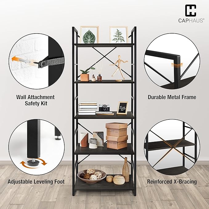 CAPHAUS 5 Tier Bookshelf, 24 Inch Width Free Standing Shelf, Bookcase Shelf Storage Organizer, Industrial Book Shelves for Home Office, Living Room, Kitchen, Black Vintage Shelves & Metal Frame-NeatNest