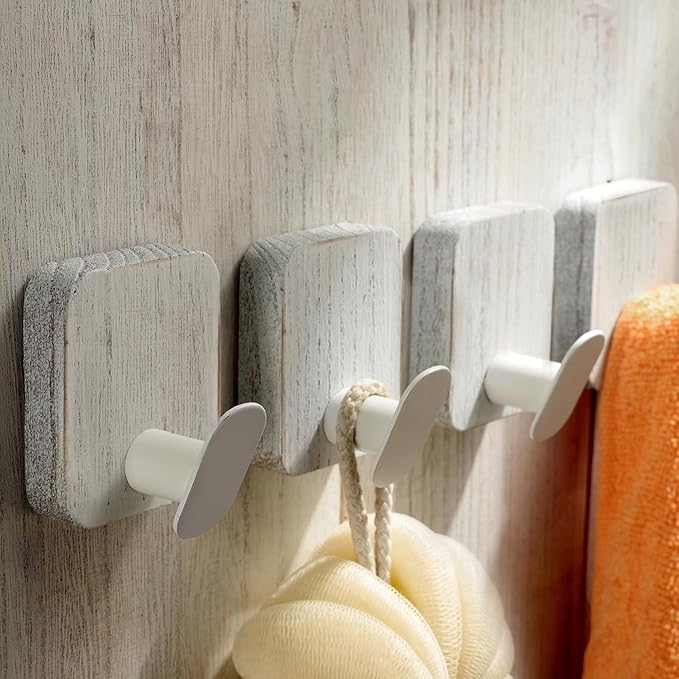 DELITON Wood Wall Hooks, Adhesive Towel Hooks for Hanging Wall Mounted, 4 Packs Coat Robes Hats Command Hook Heavy Duty No Damage, White-NeatNest