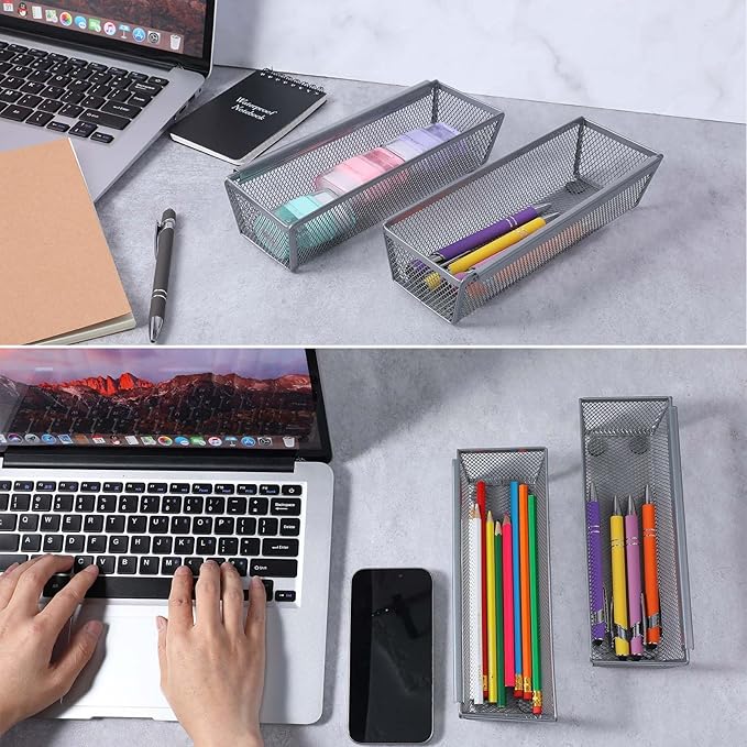 6 Pcs Mesh Silverware Drawer Organizer, Metal Drawer Organizer for Kitchen, Small Utensil Drawers Organizers with Interlocking Arm for Flatware, Knives, Spoons,Cosmetic (Silver 9 * 3 * 2 inch)-NeatNest