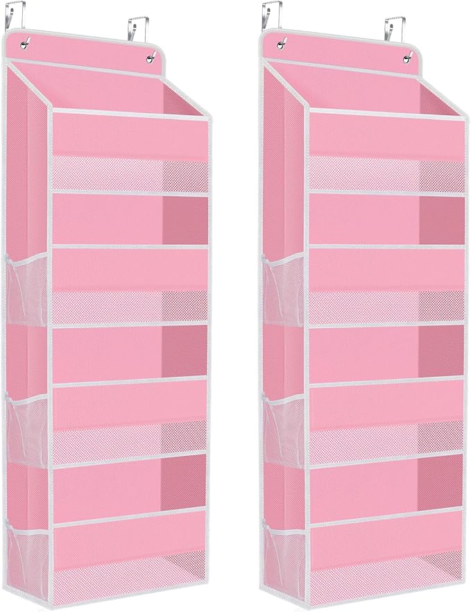 2 Pack Over The Door Organizer Hanging Storage Organizers with Clear Window 40lb Large Capacity Room Organizer for Pantry Laundry Bathroom Nursery Closet(Pink)-NeatNest