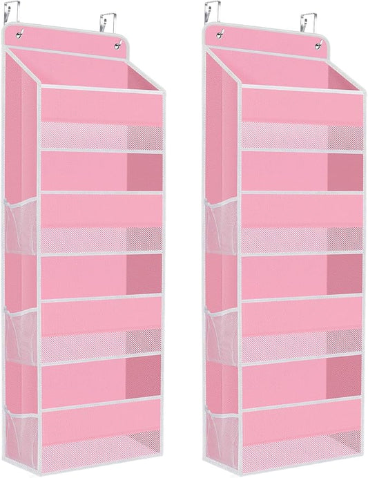 2 Pack Over The Door Organizer Hanging Storage Organizers with Clear Window 40lb Large Capacity Room Organizer for Pantry Laundry Bathroom Nursery Closet(Pink)-NeatNest