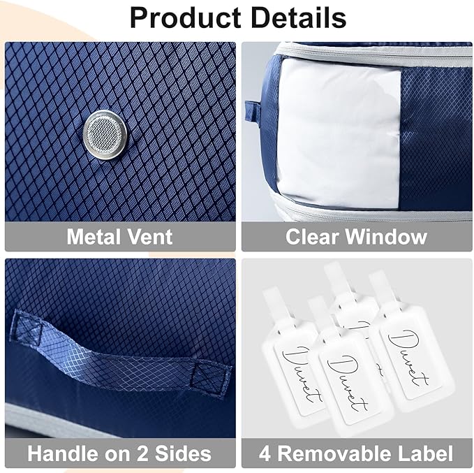 Comforter Storage Bag - Large Capacity Blanket Storage Bags 3-Layer Ultra Space Saving Self Compression Organizer, Washable Compression Bags for Storage Comforter Blanket, 4-Pack, Navy Blue-NeatNest