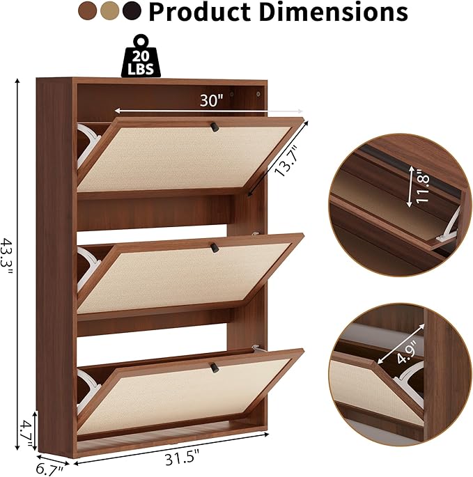 AVZEAR Narrow Shoe Storage Cabinet for Entryway with Natural Linen Panel, Freestanding Slim Shoe Cabinet with 3 Flip Drawers, Wood Shoe Organizer Closed Shoe Rack for Hallway, Living Room(Walnut)-NeatNest