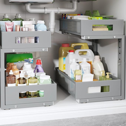 2-Pack Under Sink Organizers And Storage,Large Capacity 2-Tier Pull-Out Cabinet Organizer With Upgraded Tube Rails,Adjustable Height Sliding Drawers,Sturdy Mesh Shelves For Kitchen&Bathroom-Grey-NeatNest