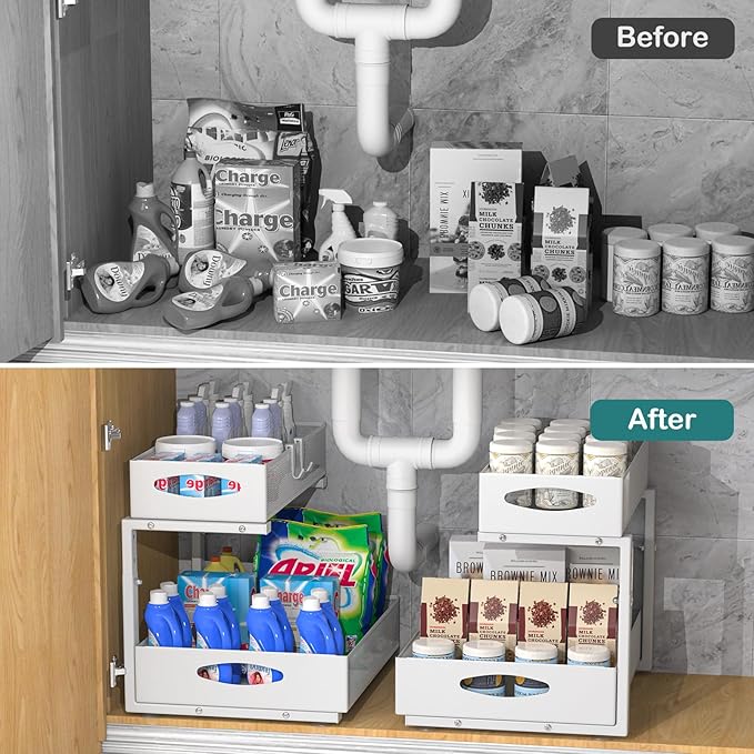 1 Pack Large Under Sink Organizer, 2 Tier Metal Pull Out Under Sink Storage with Sliding Mesh Drawers, Height Adjustable Slide Out Under Cabinet Organizer for Kitchen Bathroom, White-NeatNest