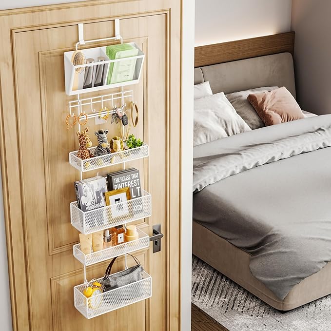 HapiRm Over Door Organizer Hanging - 6 Tier Over The Door Storage with Visual Pockets & Hooks, with 4 Metal Large Capacity Baskets for Bathroom Bedroom Kitchen Pantry Cabinet