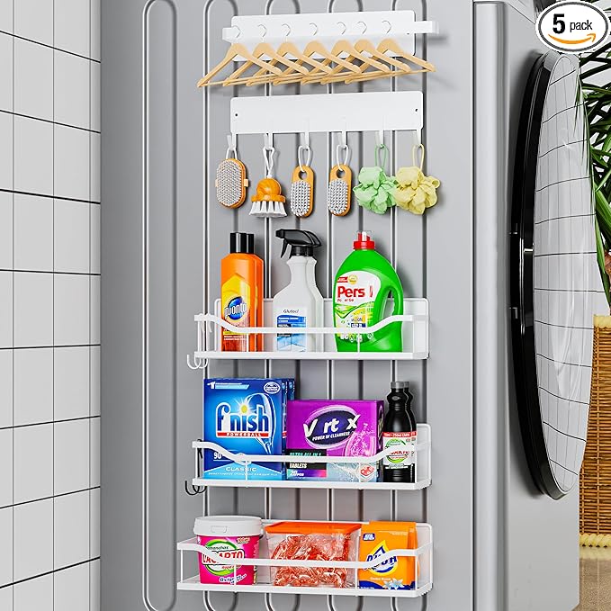 5 Pack Magnetic Shelves for Washing Machine & Refrigerator, Paper towel holder, Movable Powerful Magnetic Spice Racks with Unique Hollow Design, for Laundry Room and Kitchen Organization (White)