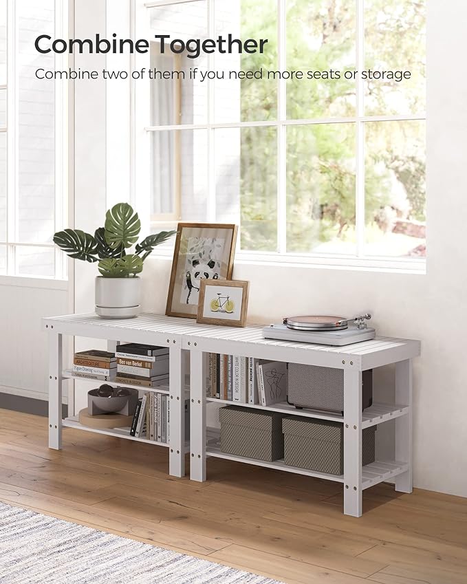 SONGMICS Shoe Rack Bench, 3-Tier Bamboo Shoe Storage Organizer, Entryway Bench, Holds Up to 286 lb, 11.3 x 27.6 x 17.8 Inches, for Entryway Bathroom Bedroom, Cloud White ULBS004W01-NeatNest