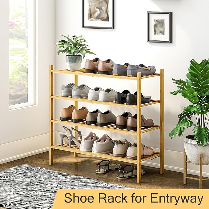 4-Tier Bamboo Shoe Rack for Entryway, Stackable | Heavy Duty | Multi-Function, Free Standing Shoe Racks for Bedroom Hallway Closet-NeatNest