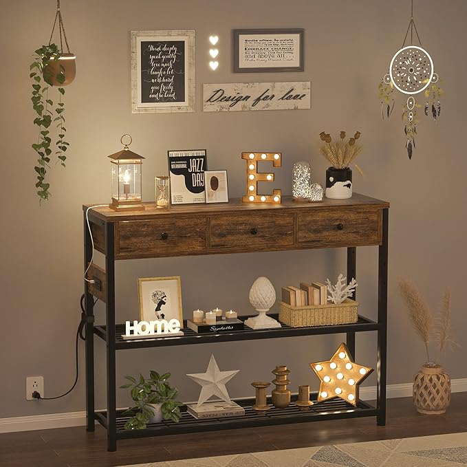 Ecoprsio 47'' Entryway Table with Outlets and USB Ports, Console Table with 3 Drawers, Sofa Table Narrow Long with Storage Shelves for Living Room, Couch, Hallway, Foyer, Kitchen Counter, Rustic Brown-NeatNest