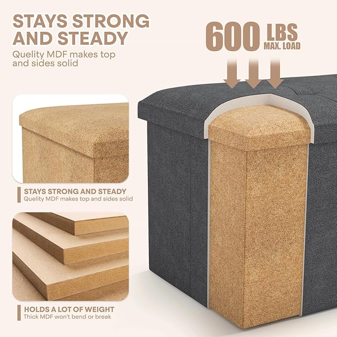 Ottoman Folding Storage Bench, 30x15x15 Inch, Foot Rest Stool for Living Room, Bedroom, Entryway, End of Bed - Multi-Functional Ottoman with Storage Dark Gray