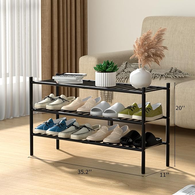 3-Tier Bamboo Long Shoe Rack, Free Standing Wood Shoe Shelf Storage Organizer for Closet Entryway Stackable 35"x11"x20" (Black)-NeatNest