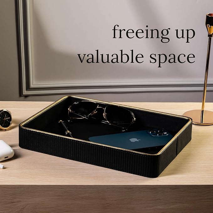 Black Leather Valet Tray for Men| Catch All| Bedside Organizer for Nightstand| Cologne Tray for Men-NeatNest