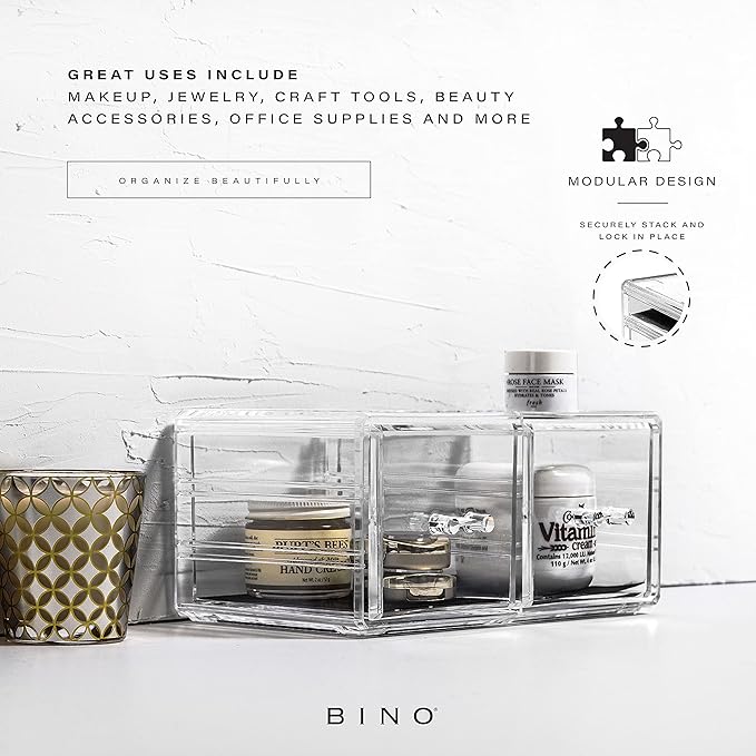 BINO THE MANHATTAN SERIES Acrylic Makeup Drawer Organizer- 2 Drawer Short | Clear Beauty Organizers and Storage| Cosmetic & Makeup Drawer| Home Organization| Jewelry & Vanity Accessories Drawers-NeatNest