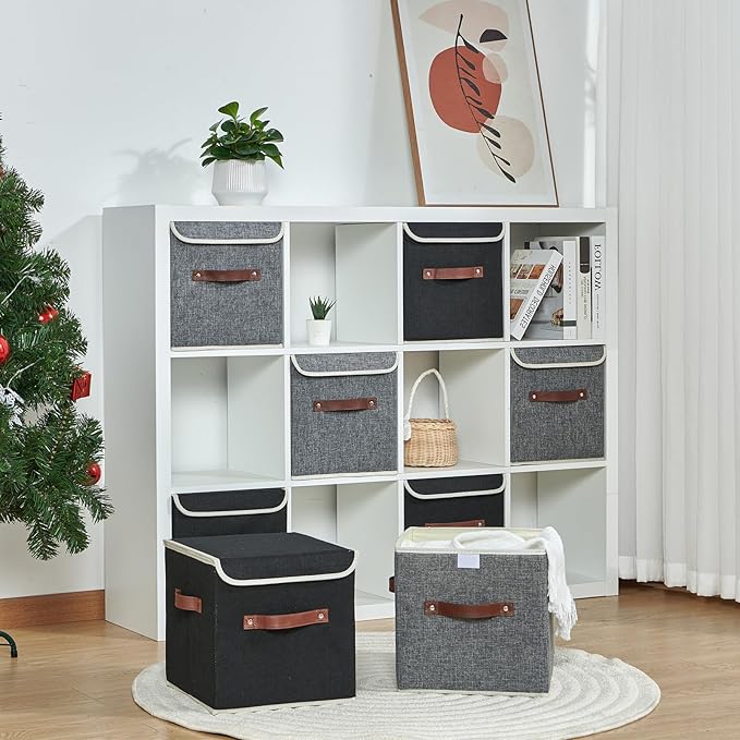 2PCS Storage Cubes with Lid Fabric Storage Bins Boxes PU Leather Handles Cotton Linen Closet Organizer Container Decorative Foldable Washable Shelf Cloth Basket (Flip-top Lid, Black, 11in)-NeatNest