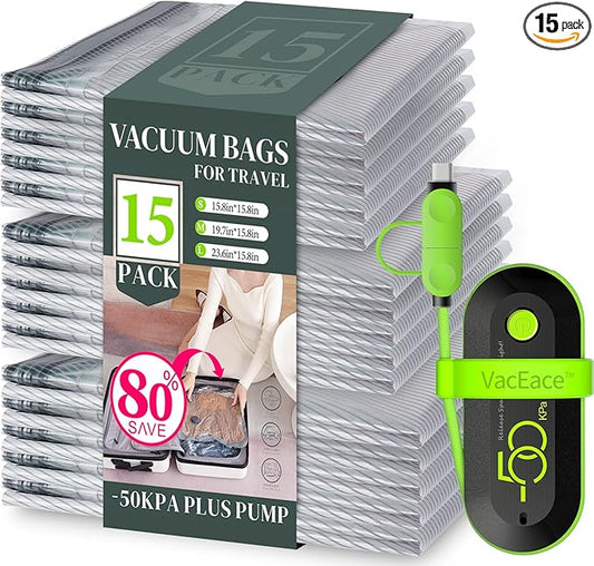 Travel Vacuum Storage Bags with USB Electric Pump, 15 Pack Compression Travel Packing Bags for Luggage and Suitcase, Carry-on Size Space Saver for Clothes and Clothing-NeatNest