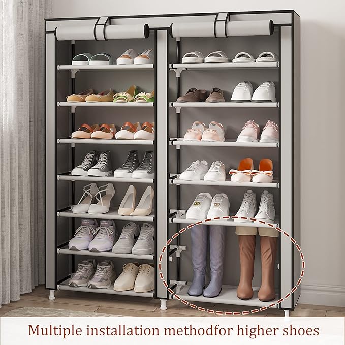 MOYIPIN Shoe Rack Storage Organizer, Double Row Portable Nonwoven Fabric Cover Shoe Rack Holds up to 28 Pairs 36.2 x 11.2 x49.2 Inches Grey-NeatNest