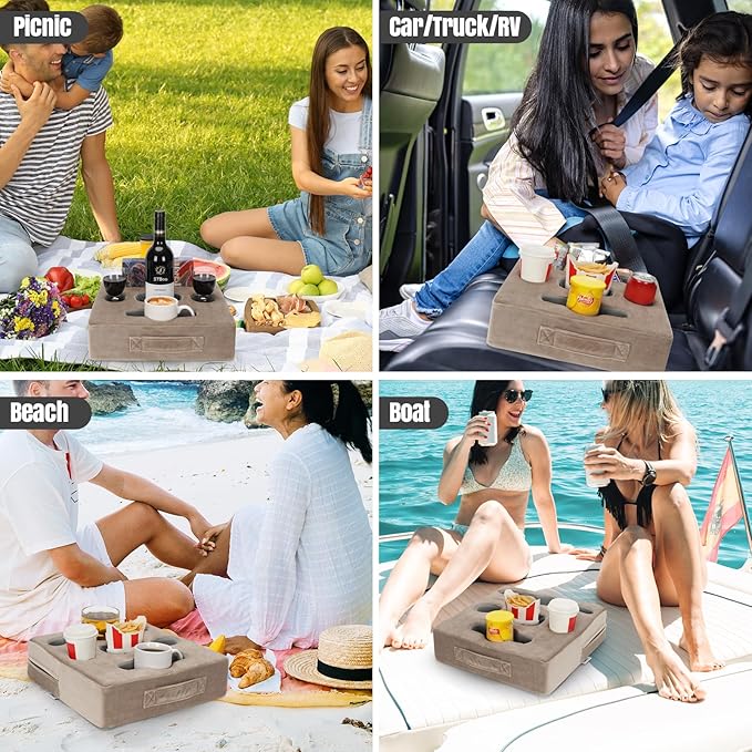 STBoo Couch Cup Holder Pillow Tray - Sofa Drink Cup Holder Cozy Buddy | Bed Caddy Organizer for Remote, Snacks Beverage, Phones, Tablet | Use it on Car, Pack, Beach, RV, Boat, Bedroom (Light Brown)-NeatNest