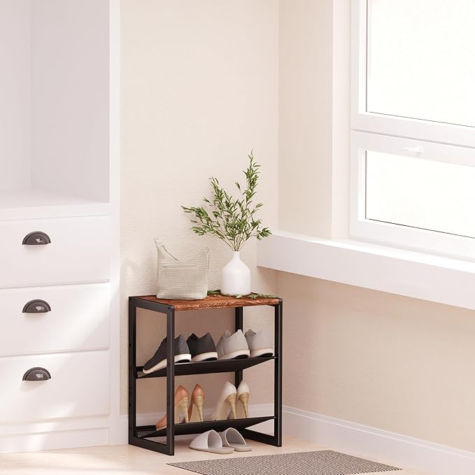 Narrow 3-Tier Shoe Rack, Slim Space-Saving Shelf with Decorative Wood Top & Steel Mesh, Entryway/Closet/Dorm Organizer, 16.5x11.8x19.8 Inches-NeatNest