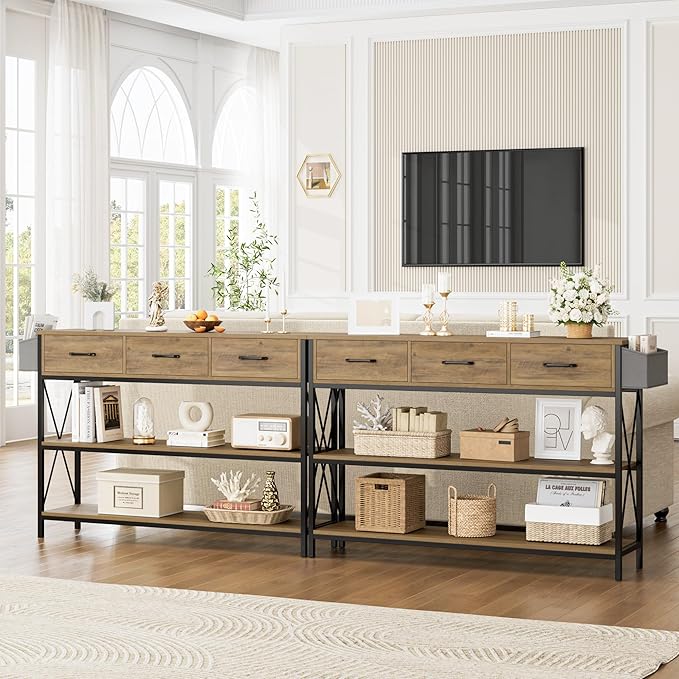 HITHOS 47.2" Console Table with 3 Drawers, Industrial Long Entryway Foyer Table with 3-Tier Storage Shelves, Narrow Sofa Hallway Table for Living Room, Entry Way, Kitchen, Rustic Brown-NeatNest