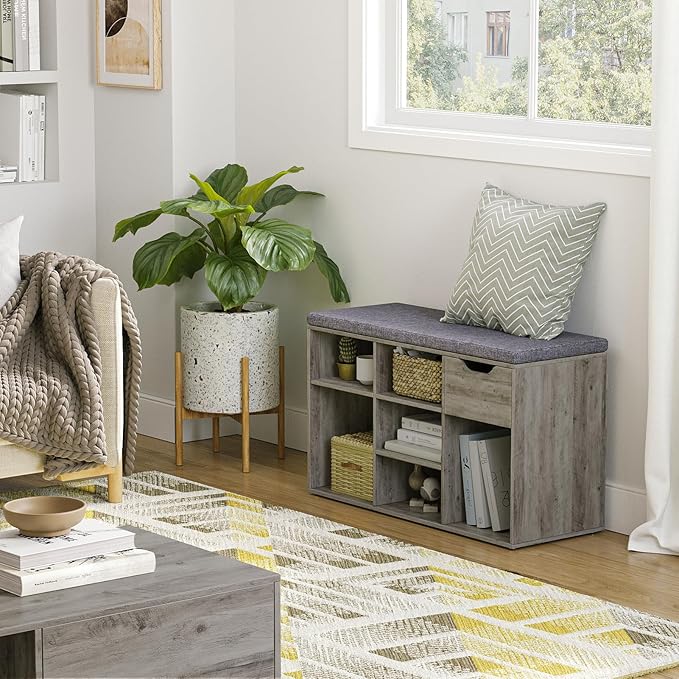 DINZI LVJ Shoe Bench, Entryway Storage Bench with Drawer and 8 Cubbies, Cubby Shoe Rack with Adjustable Shelves, Shoe Organizer Cabinet for Living Room, Bedroom, Mudroom, Closet and Garage, Grey Wash-NeatNest