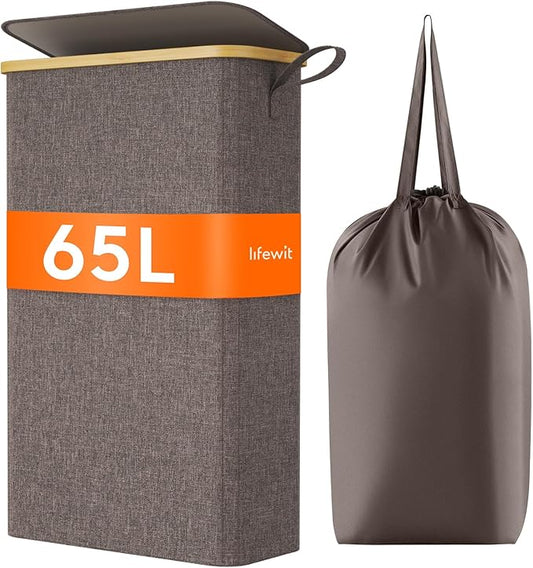 Lifewit 65L Slim Laundry Hamper with Lid, Narrow Laundry Basket with Removable Bag & Bamboo Handles, Fodable Thin Dirty Clothes Hamper for Laundry Collapsible Bin for Bathroom Bedroom Dorm, Brown-NeatNest
