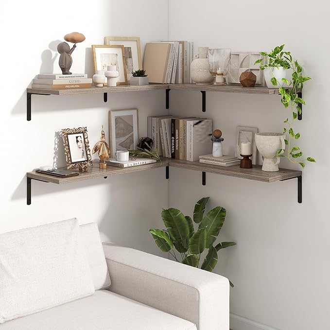 Fun Memories Deep Floating Shelves, 36W x 8D Floating Shelves Set of 2, Wall Mounted Shelf with Metal Brackets, Rustic Wood Wall Shelf for Bathroom, Kitchen and Living Room, Grey-NeatNest